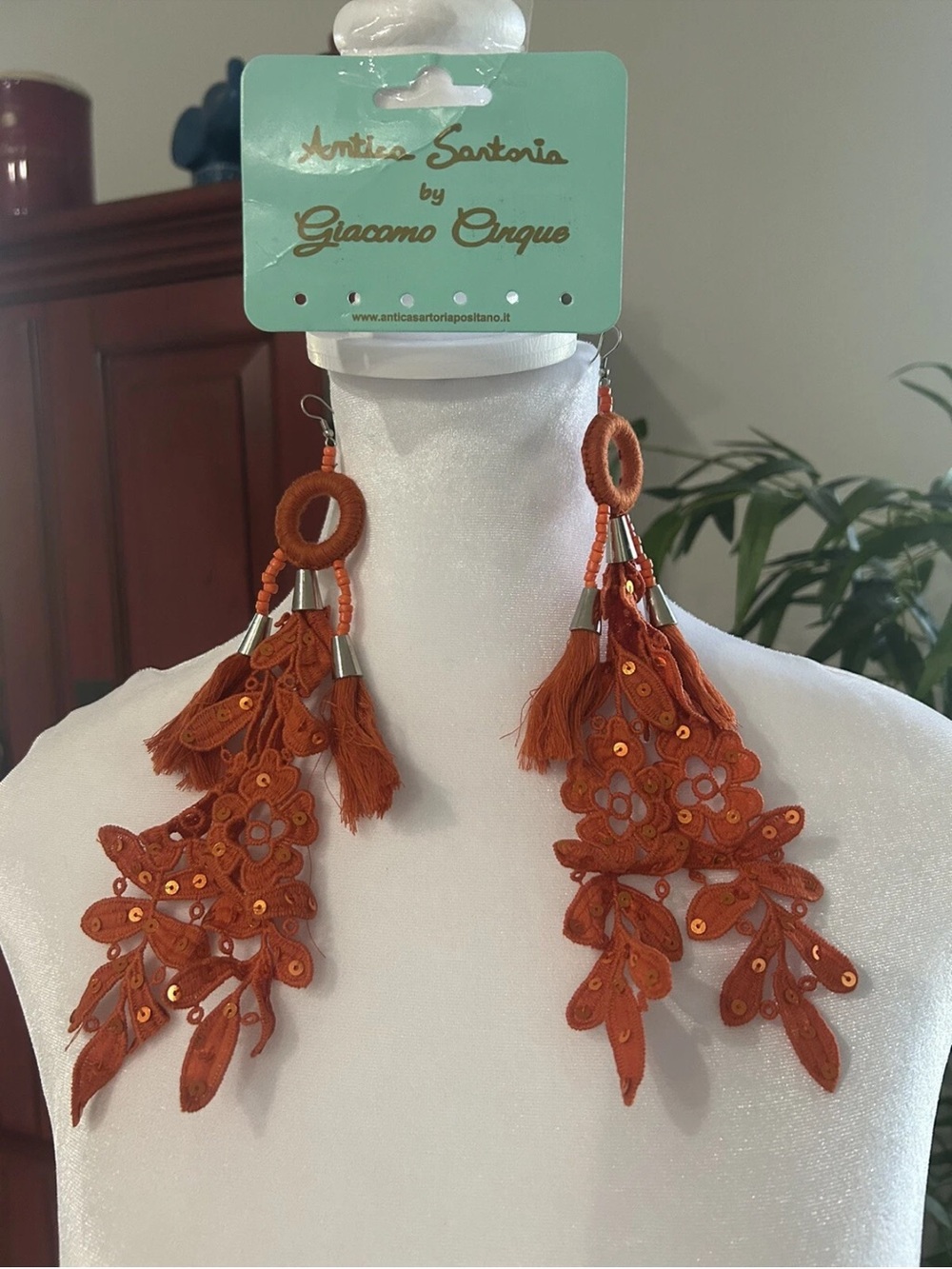 Antica Sartoria Burnt Orange Lace Tassel Drop Earrings NWT